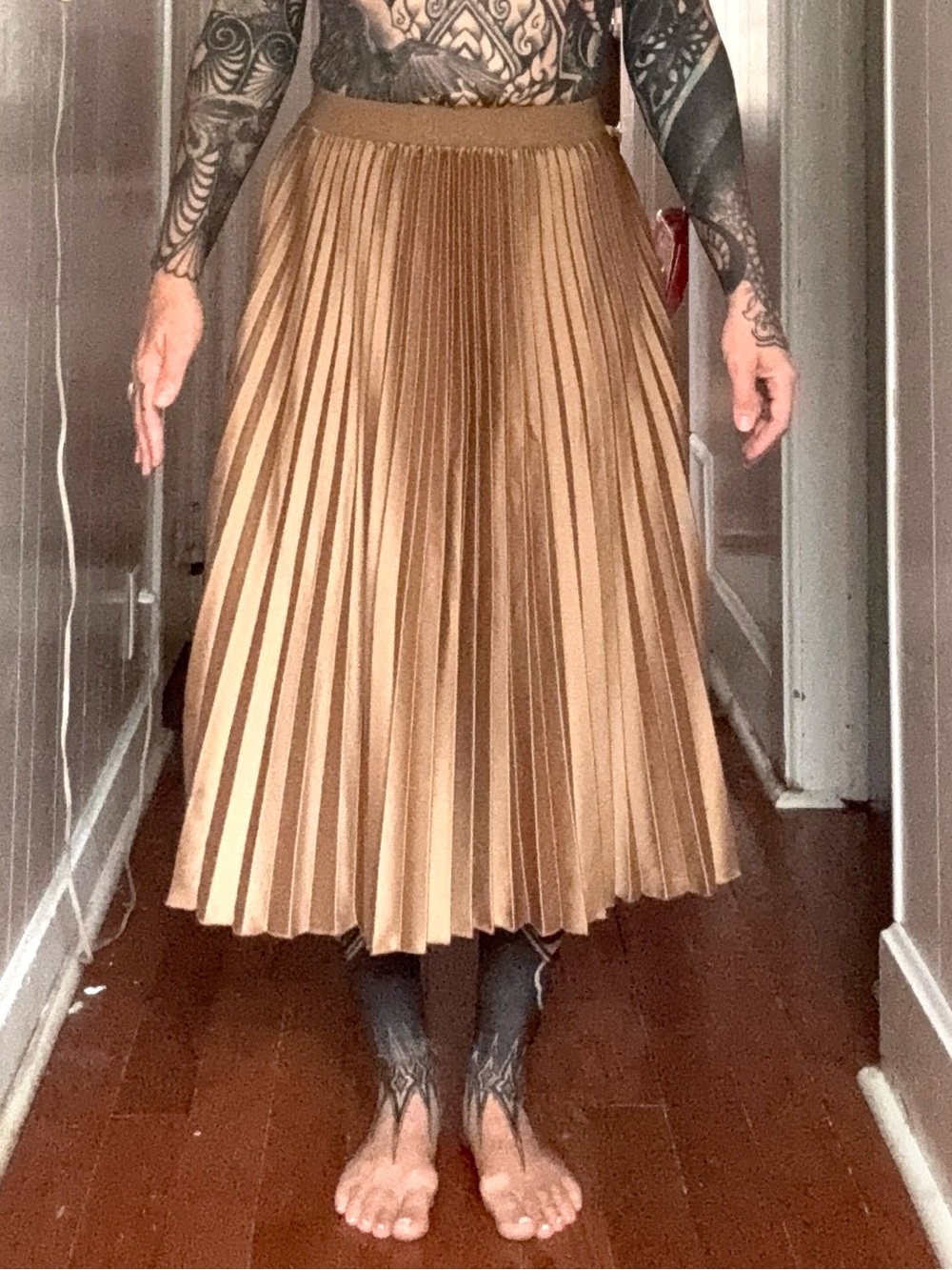 H&M Champagne Metallic Pleated Midi Skirt